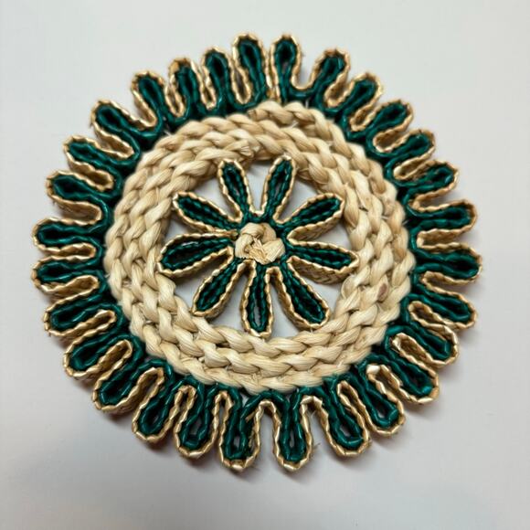 MCM Trivet Woven Wicker Rattan Green Boho MCM Hot Pad Wall Decor Natural Fiber - Picture 1 of 7